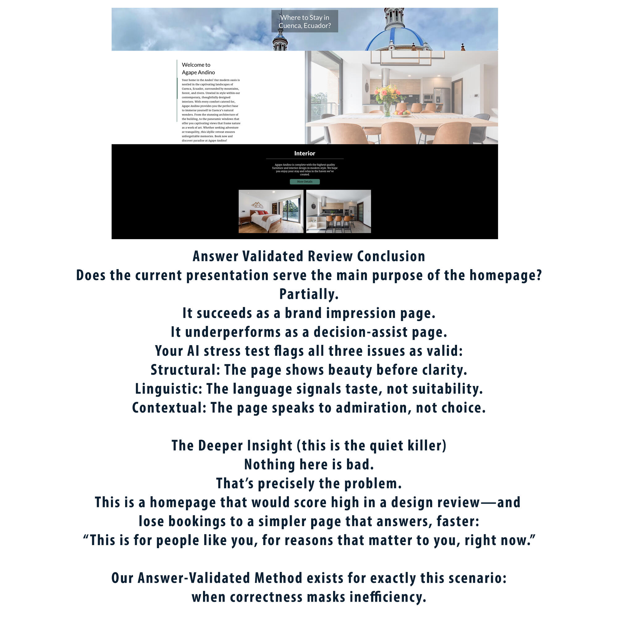 Screenshot of an Answer-Validated Review conclusion analyzing the Agape Andino homepage, highlighting structural, linguistic, and contextual issues that cause the page to succeed as a brand impression but underperform as a decision-assist experience.