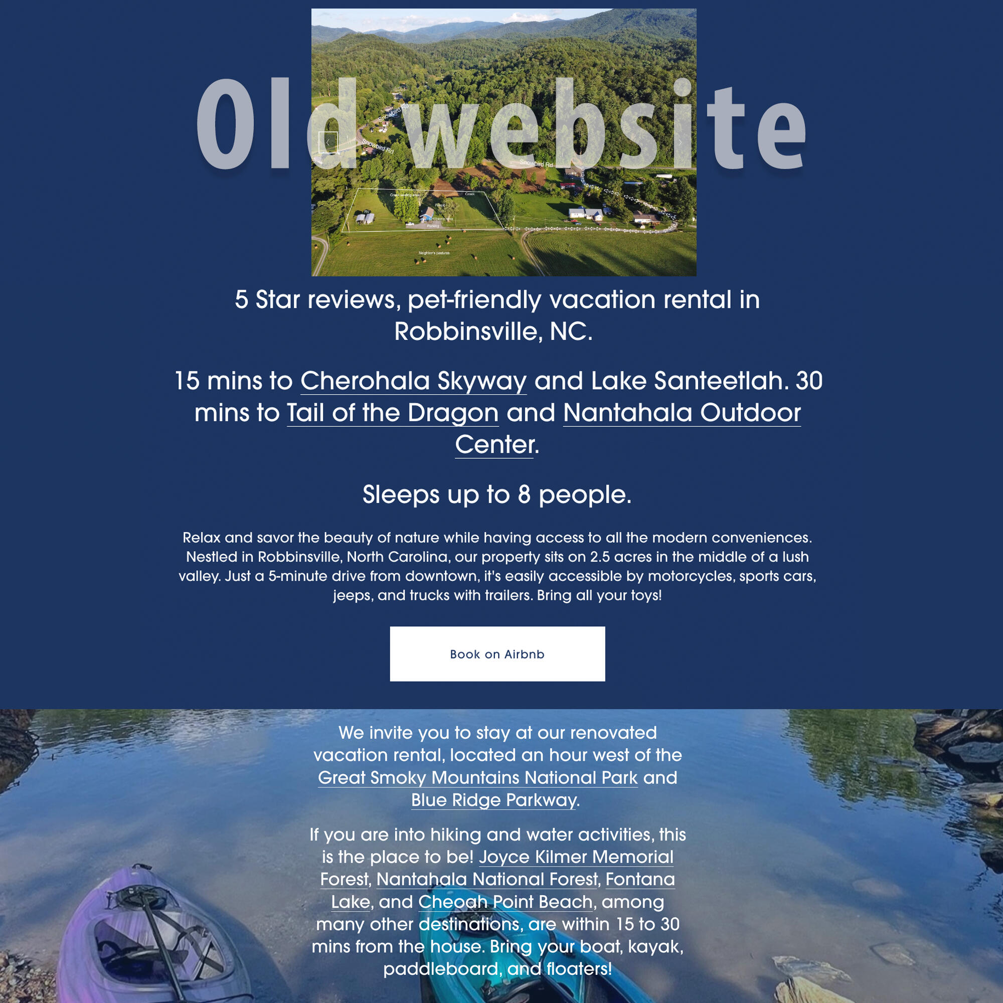 Screenshot of the original Carolina Joy Vacation Rental homepage showing a generic layout with a long list of services, feature-based descriptions, and location mentions that require interpretation to understand who the property is for.
